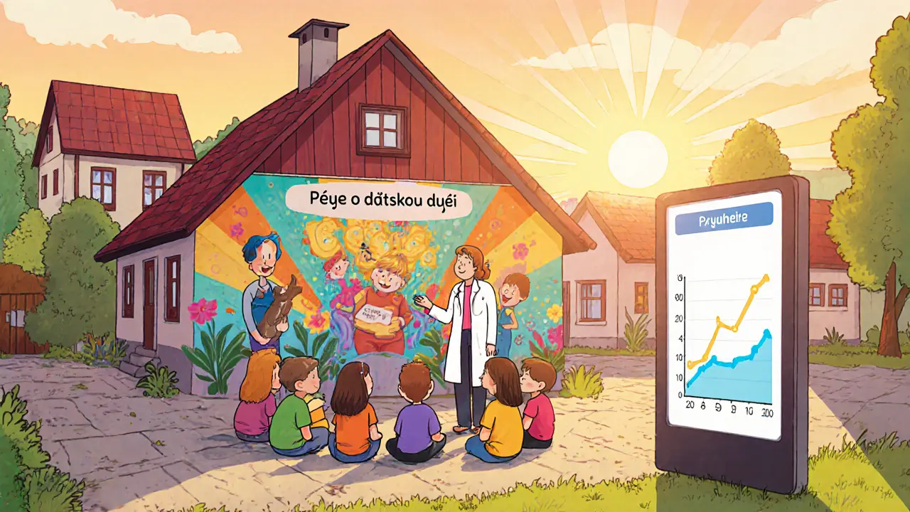 Komunitní centrum s dětmi a terapeutem, mural 'Péče o dětskou duši' a digitální graf dostupnosti.