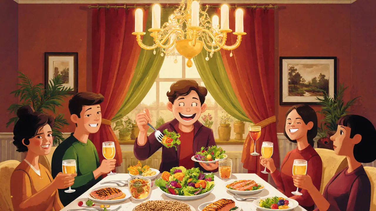 Pacient si užívá rodinnou večeři s rozmanitými jídly a úsměvem.