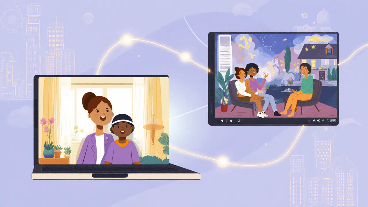 Rodinná terapie na dálku, členové v různých domovech spojené videohovorem.