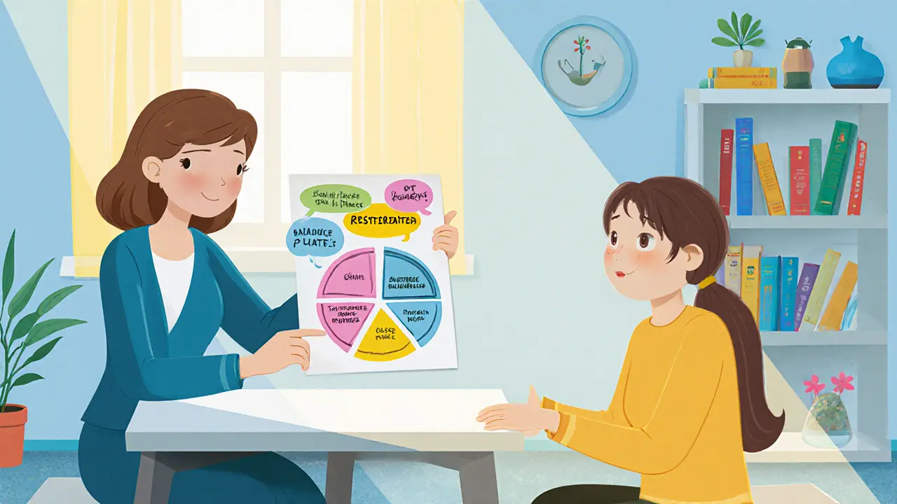 Terapeut a pacient během kognitivně‑behaviorální terapie, obklopeni pokojným interiérem.