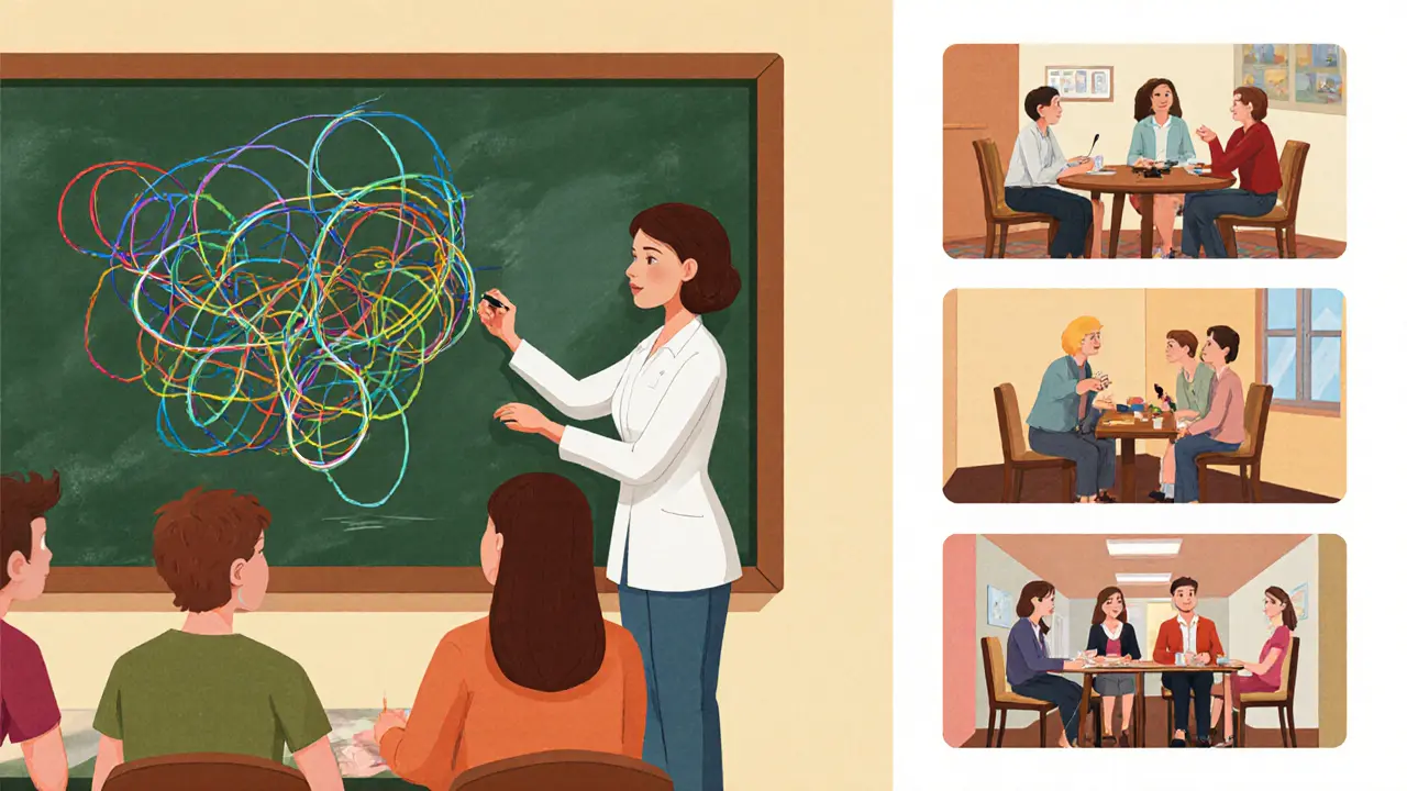 Terapeut kreslí genogram, kolem jsou scény různých typů rodinné terapie.