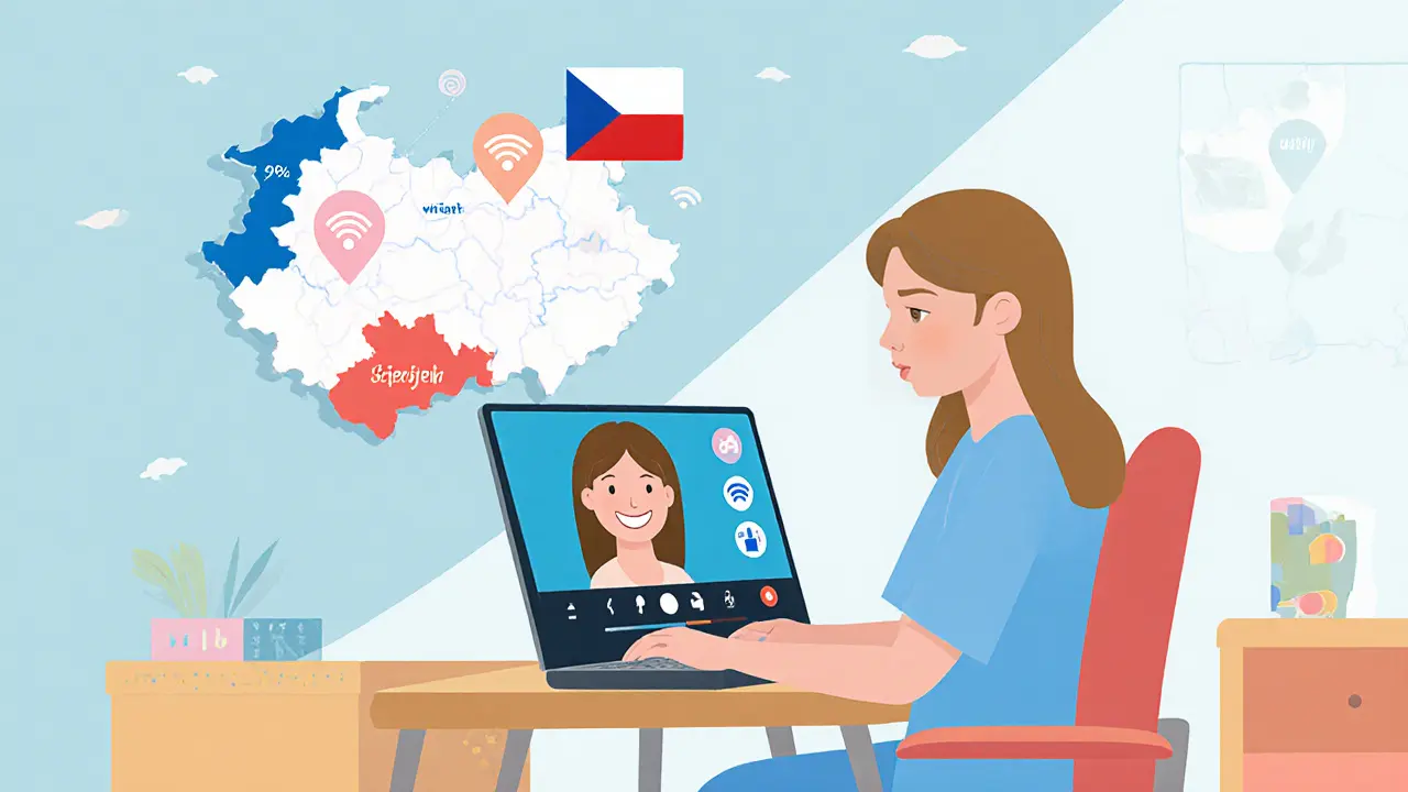 Terapeut vede videokonferenci, na pozadí mapa Česka ukazující telemedicínské pokrytí.