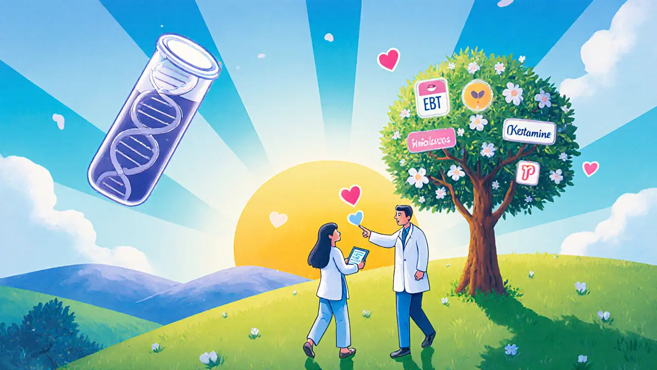 Barevná scéna budoucnosti: genetické testy, digitální aplikace a šťastný pacient na cestě k zotavení.