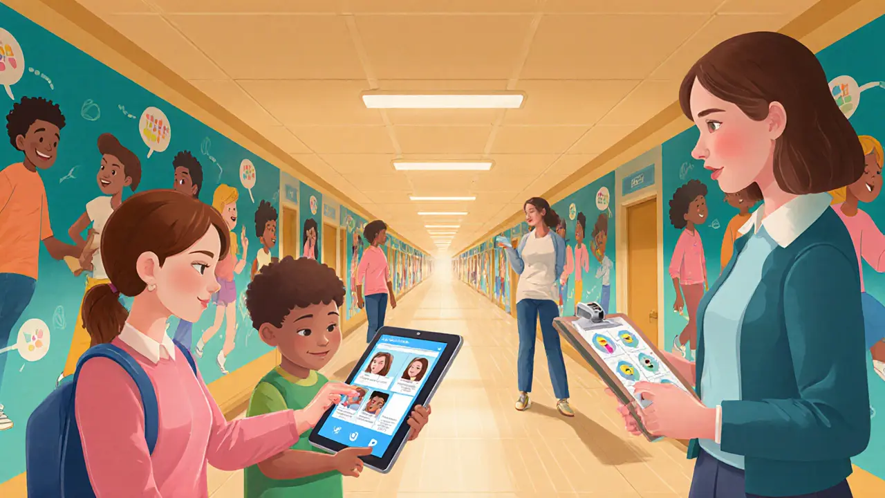 Děti a učitelé používají tablet s AI aplikací v inkluzivní škole.