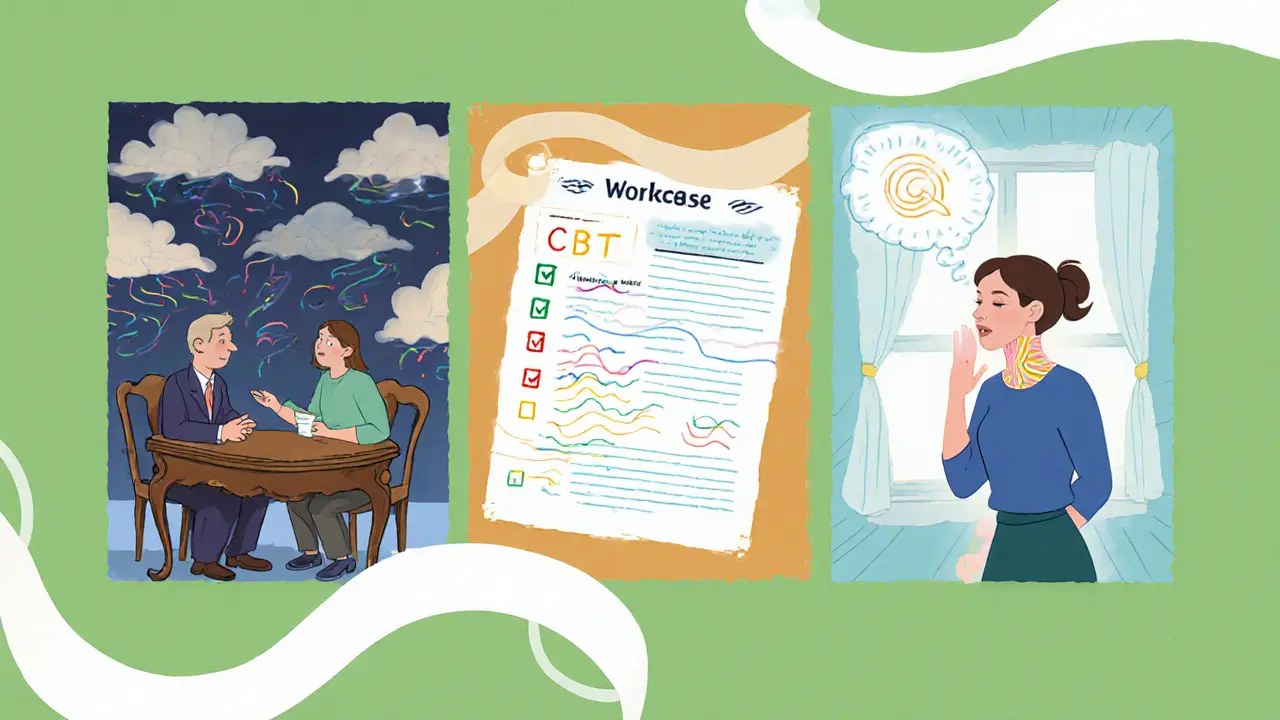 Koláž ukazuje Janu během rozhovoru, CBT cvičení a dechová cvičení s vizuálními efekty.