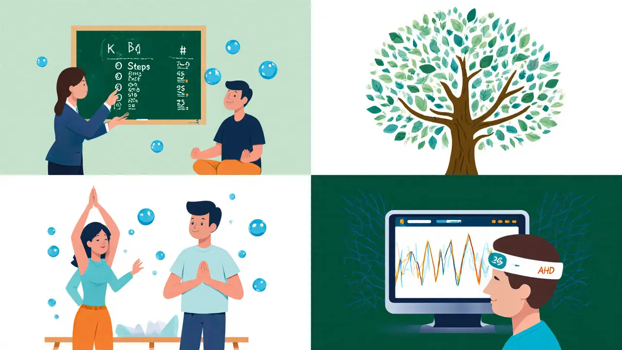 Koláž ukazující KBT, DBT, mindfulness a EEG biofeedback jako různé terapie pro ADHD.
