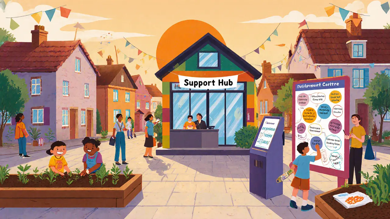 Obnova vesnice s komunitním centrem, zahradníci a děti, nadějná atmosféra.