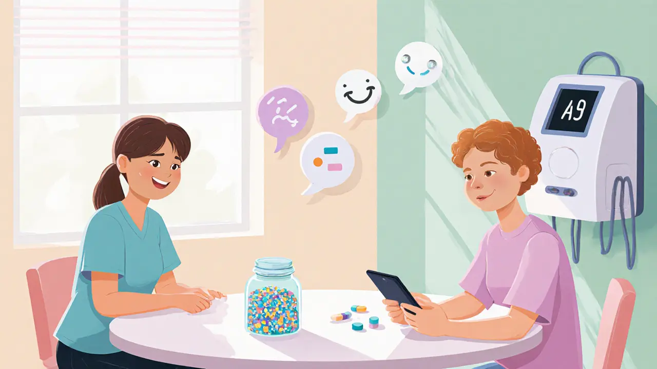 Pacient v místnosti s terapeutem, pilulkami a digitálními ikonami, naznačující kombinovanou léčbu.