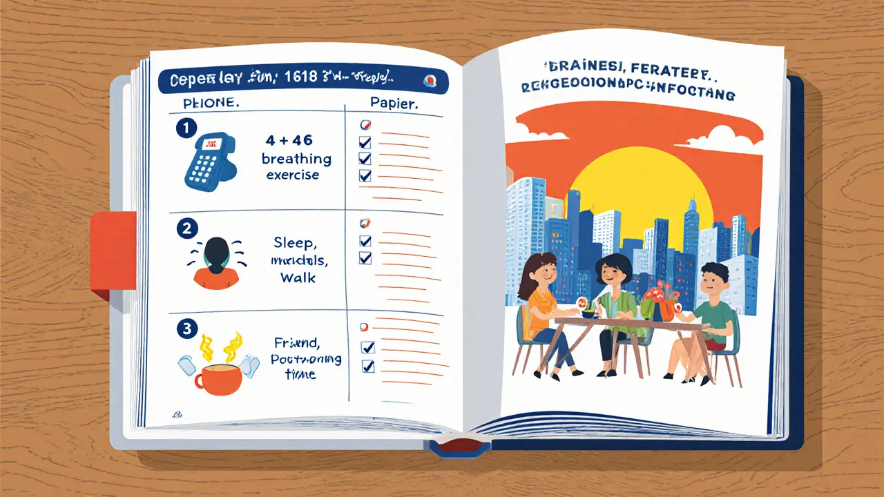 Plánovač s kroky: telefonát, dechové cvičení, denní úkoly a setkání s peer‑konzultantem.