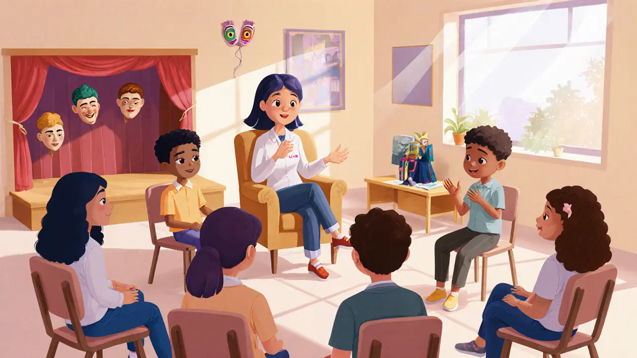 Skupinová terapie – děti sedí v kruhu, školní psycholog vede rozhovor.