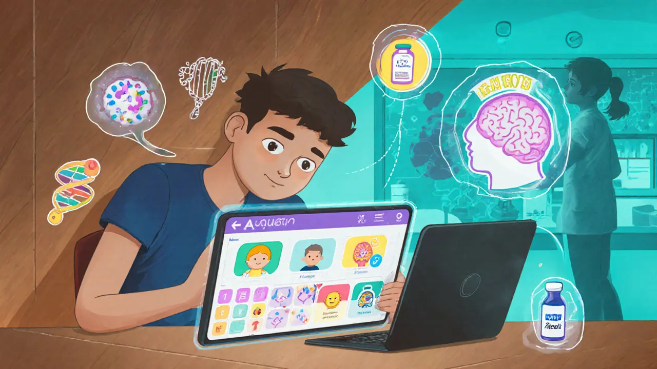 Teenager používá aplikaci, kolem něj DNA, mozek a lék Atomoxetin.