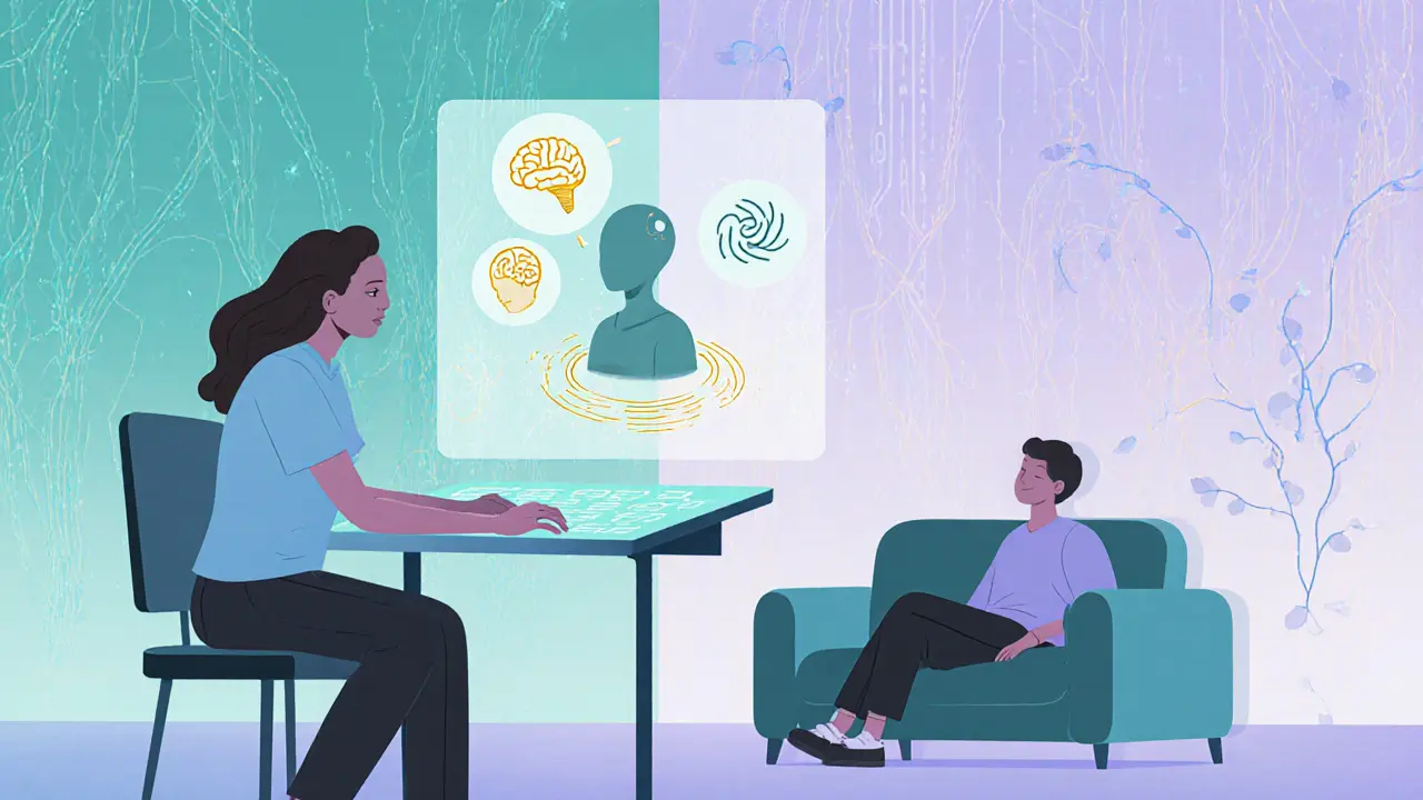 Terapeut a klient u hologramu AI, který navrhuje kombinace technik, s bioenergetickými liniemi kolem těla.