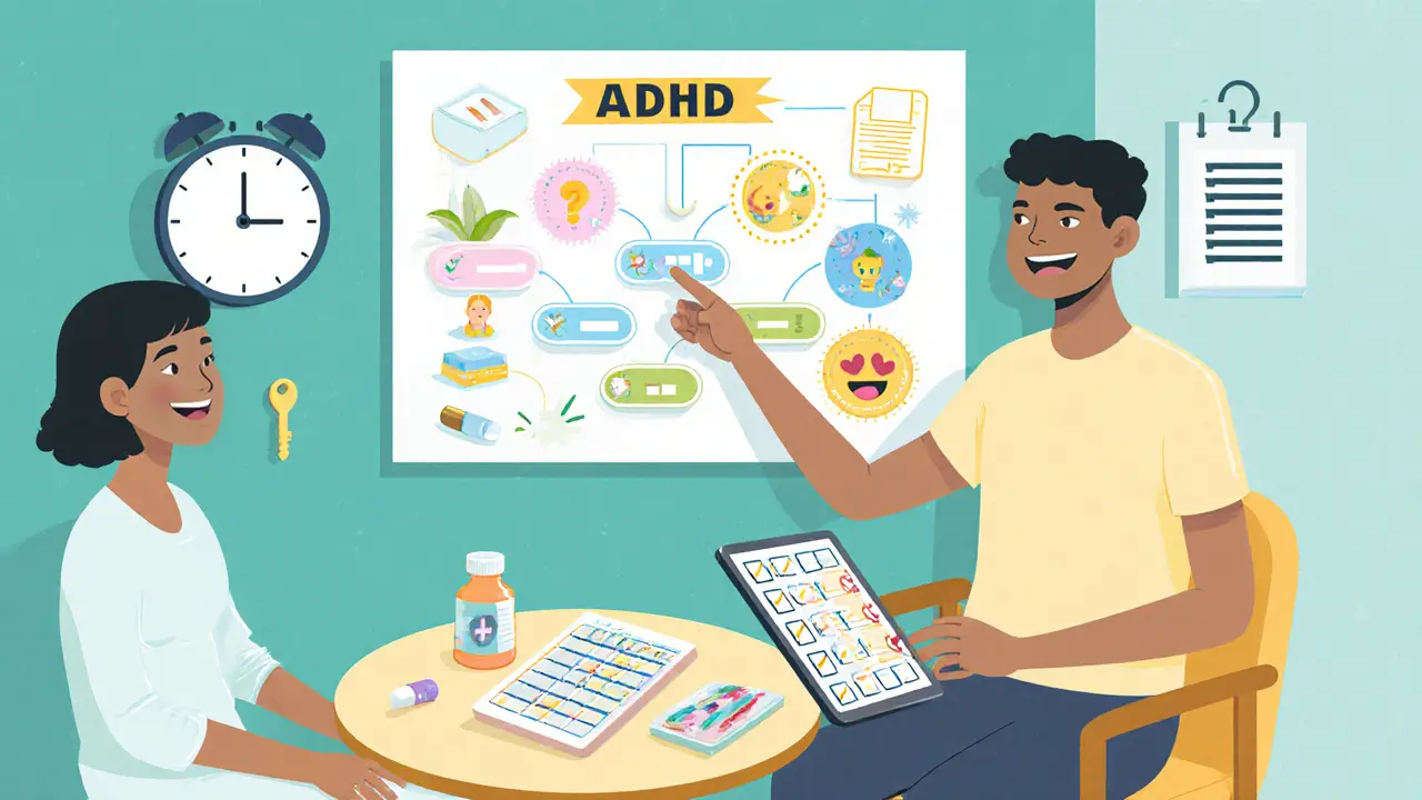 Terapeutické sezení s plánovačem, kontrolními seznamy a léky, ukazující kombinaci terapie a medikace.