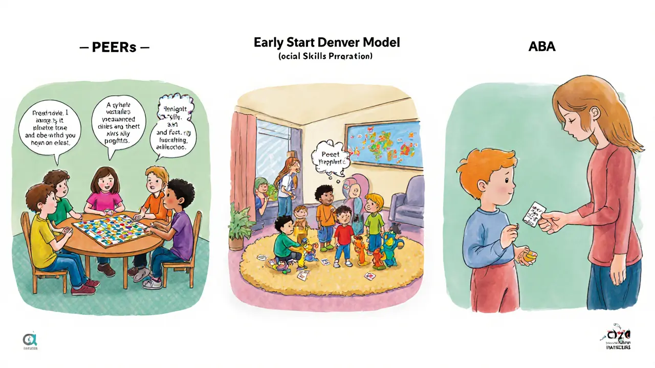 Tři panely ukazují PEERS, ESDM a ABA v různých aktivitách.