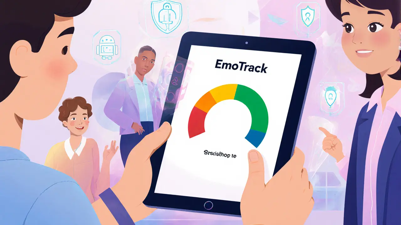 Žák používá aplikaci EmoTrack na tabletu, učitel a rodič ho podporují.