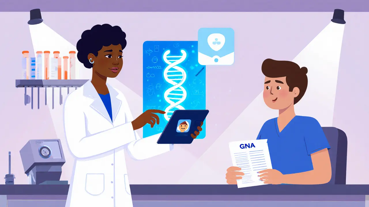 Budoucí laboratoř s DNA helixí, digitálními daty a usmívajícím se pacientem.