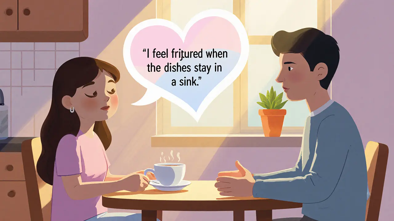 Partner používá „softened startup“ s „já“ výrokem, oba naslouchají s otevřenou náručí.