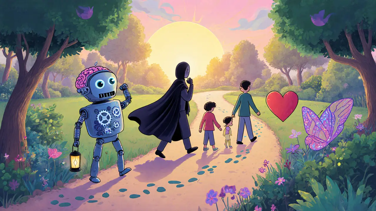 Pět postav v kouzelném zahradním chodníku představuje hlavní terapeutické směry.