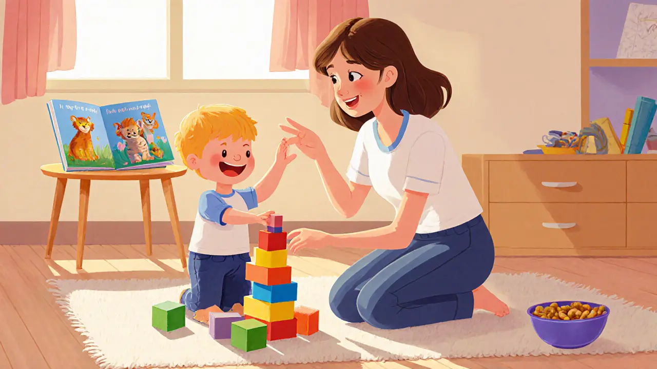 Terapeut a dítě společně staví kostky, učí se sdílenou pozornost.