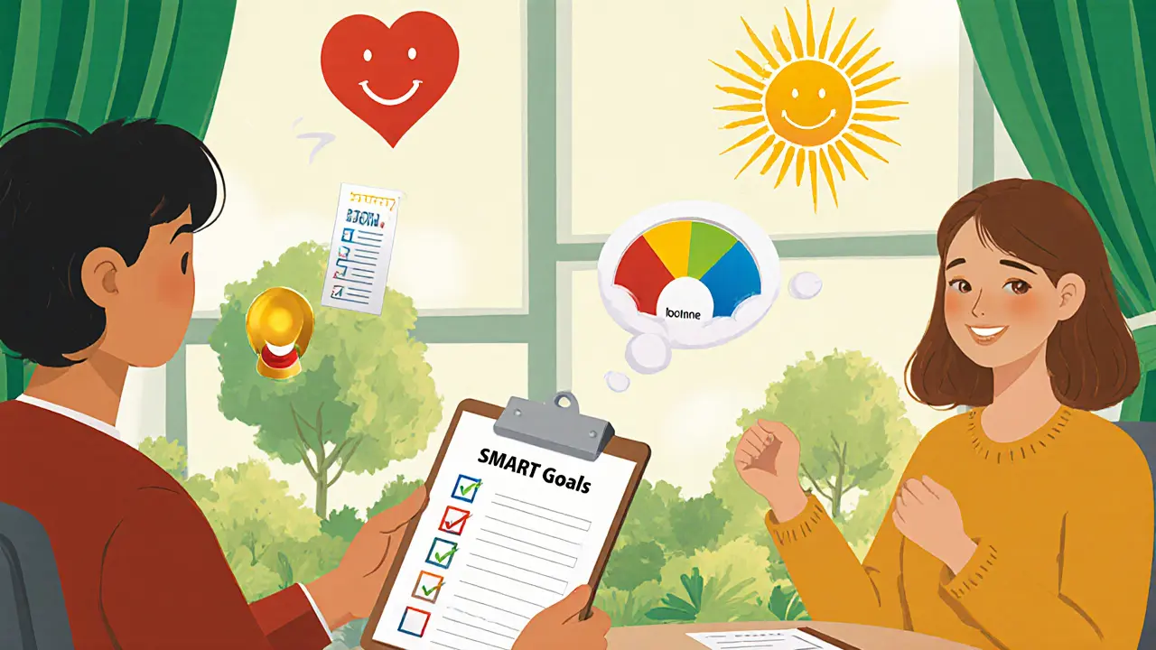 Terapeut a klient slaví úspěšné splnění SMART cílů s ikonami měření pokroku.