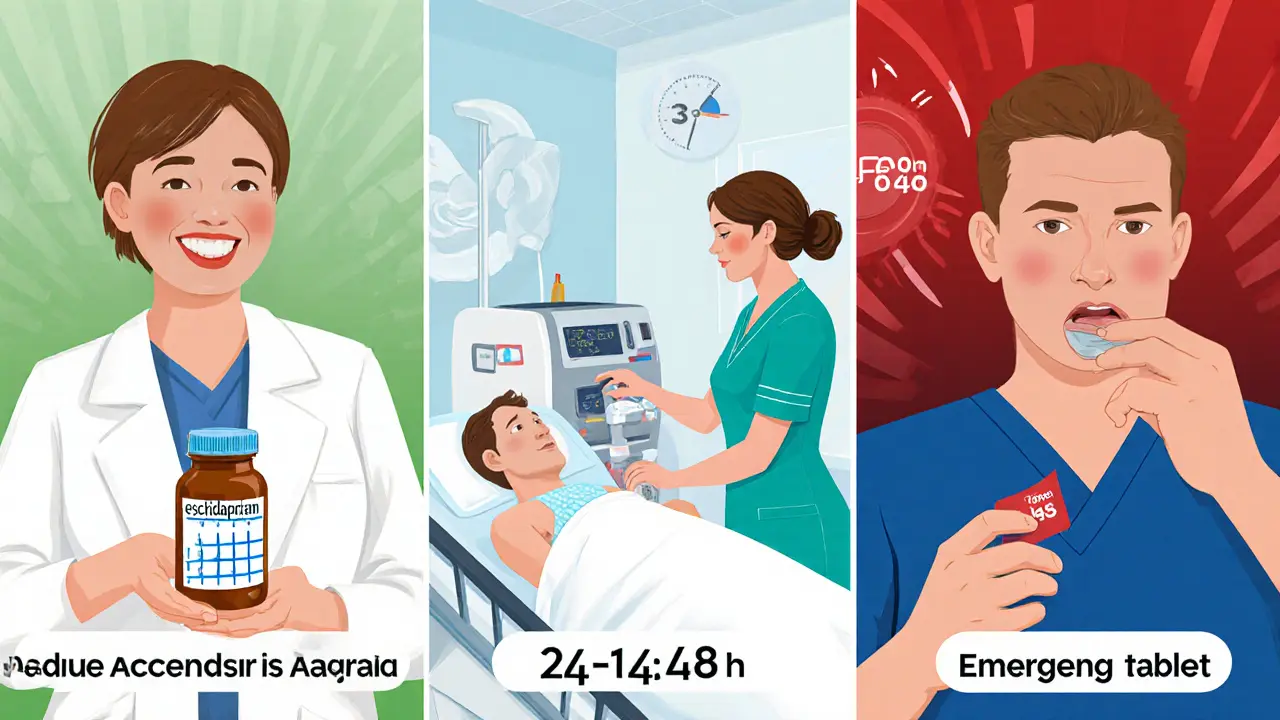 Tři panelové ztvárnění: SSRI u psychiatrické krize, plazmaferéza u myasthenie, nitroglycerin u hypertenze.