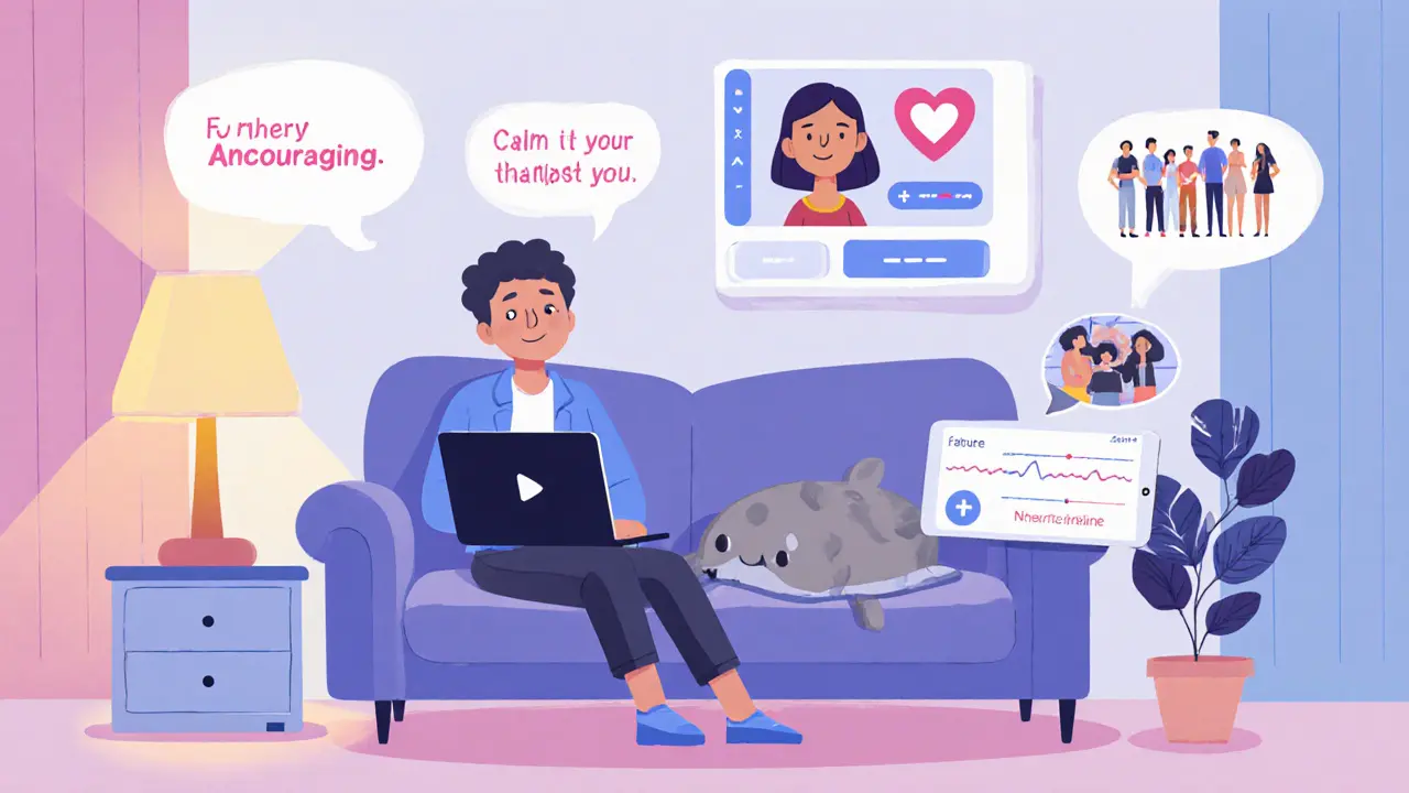 Osoba používá laptop s online terapeutem, tablet ukazuje aplikaci pro sledování úzkosti, kolem povzbudivé bubliny.