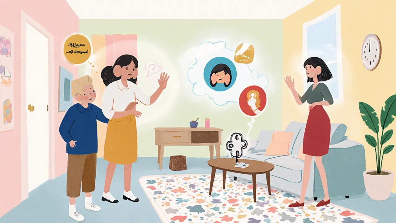 Pár v obývacím pokoji prochází třemi fázemi konstruktivní hádky – záměr, naslouchání, řešení.