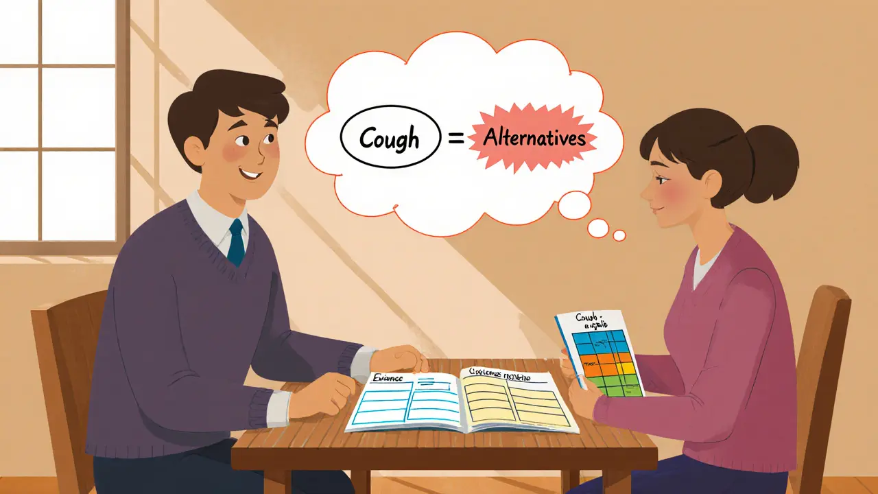 Terapeut a klient u stolu, klient vede deník příznaků, nad nimi bubliny s katastrofickou a realistickou myšlenkou.