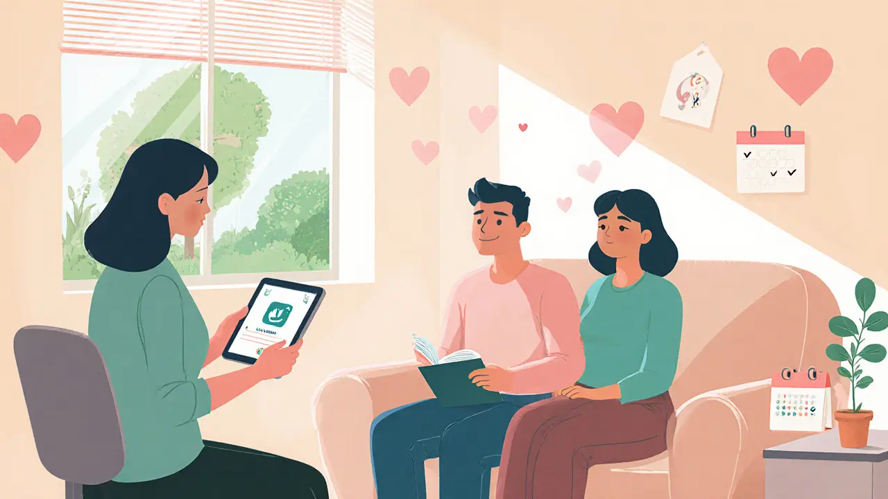 Terapeut, pár a tablet v útulné kanceláři, symbolizující terapii a digitální podporu.