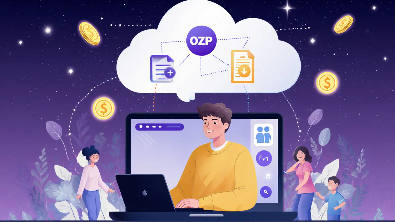 Mladý člověk videohovoru s terapeutem, obklopený symboly pojištění.