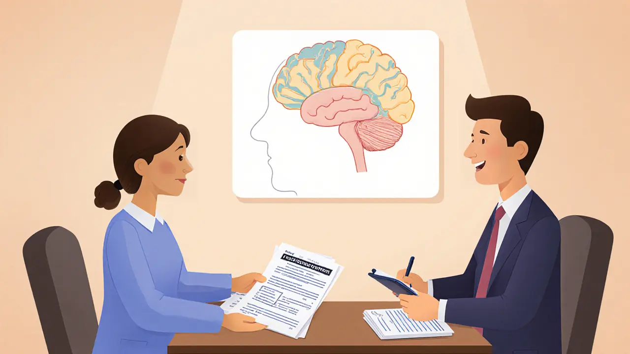 Pacient předává psychiatru školní dokumenty a dotazník ASRS.