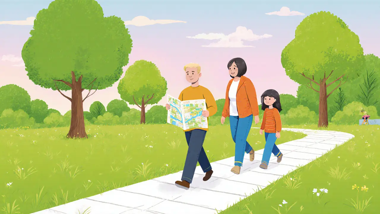 Rodina na procházce v parku s plánovanou trasou a knihou.