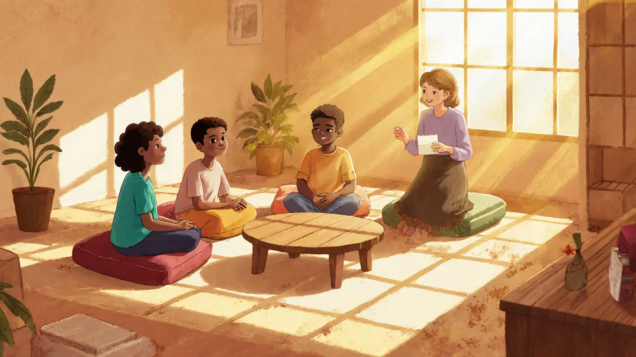 Skupina lidí v kruhu během terapie, v teplém osvětlení.