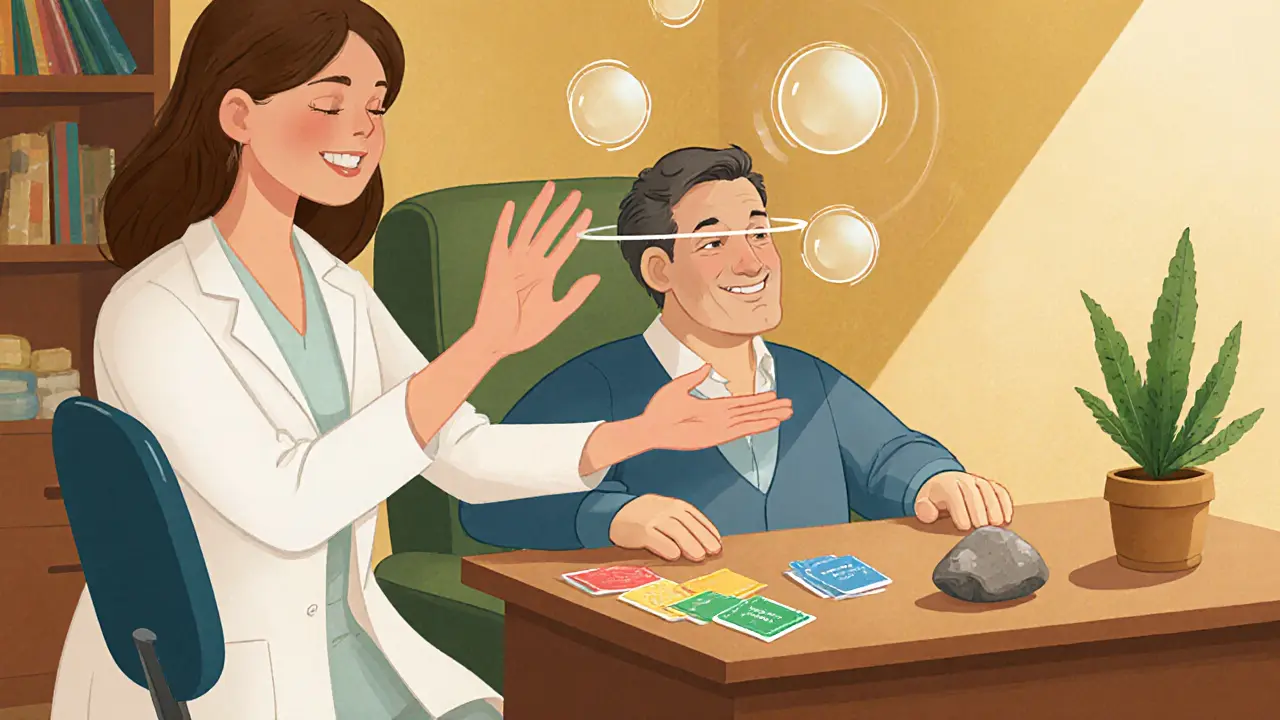 Terapeut a klient v útulném pokoji používají EMDR a CBT, ukazuje bezpečný terapeutický prostor.