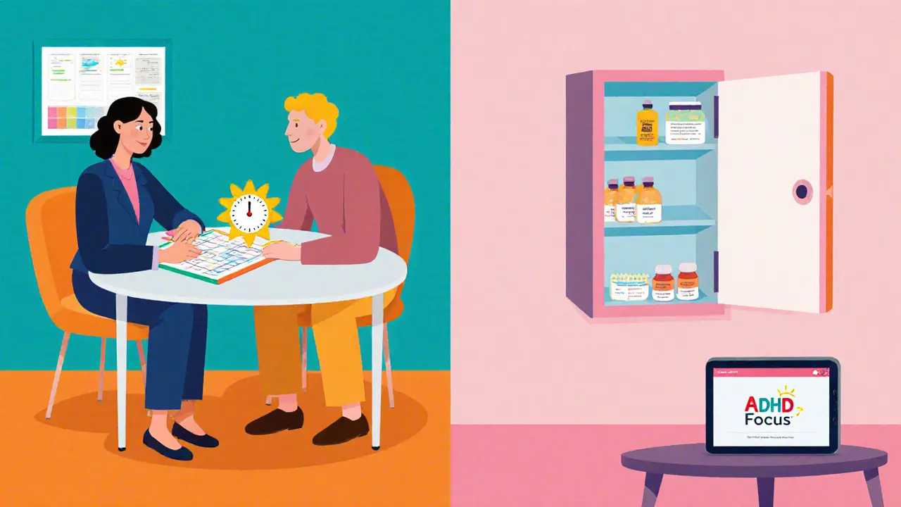 Terapeutická sezení s plánovačem, pilulkami a aplikací na tabletu.