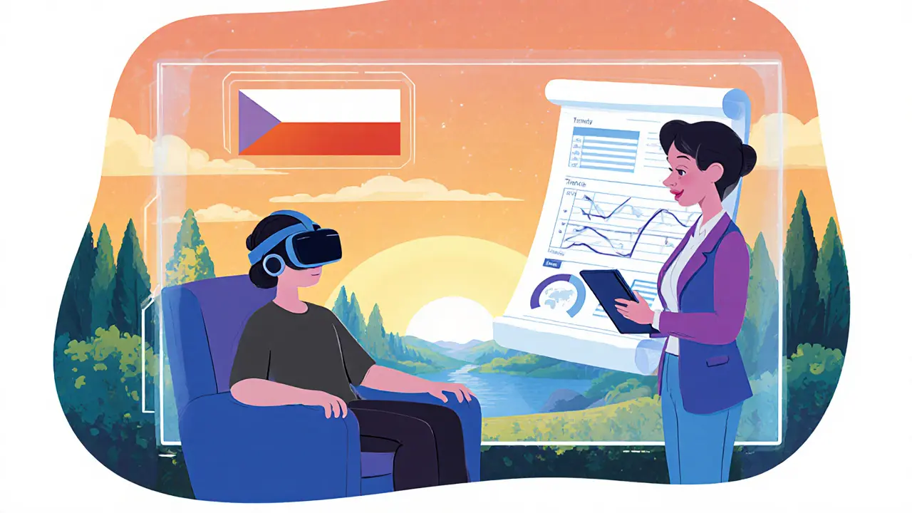 Klient ve VR helmě, terapeut jako digitální avatar, futuristické prostředí a náznak legislativy.