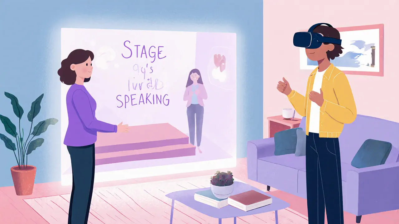 Pacient s VR headsetem v obýváku, před ním se zjevuje virtuální pódium, doprovází ho terapeut.