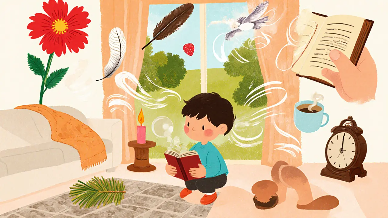 Postava provádí 5‑4‑3‑2‑1: vidí pět věcí, cítí čtyři dotyky, slyší tři zvuky, vnímá dva vůně a jednu chuť.