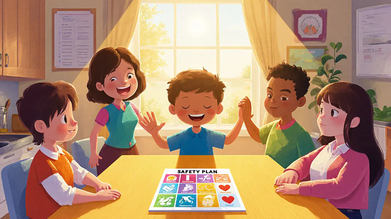 Rodina a učitel podporují teenagéra, ukazují bezpečnostní plán.