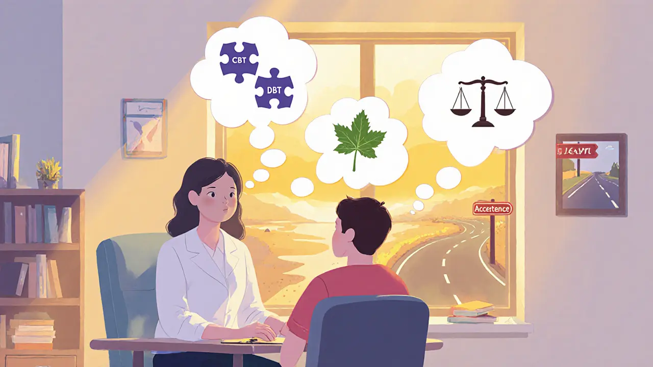 Terapeut a teenagér diskutují, myšlenkové bubliny ukazují CBT, DBT a ACT.