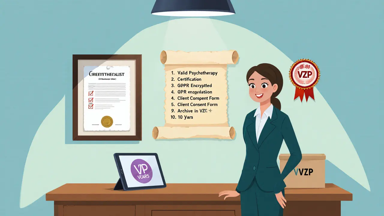 Terapeut ve svém pracovním prostoru s certifikátem, VZP odznakem a kontrolním seznamem GDPR.