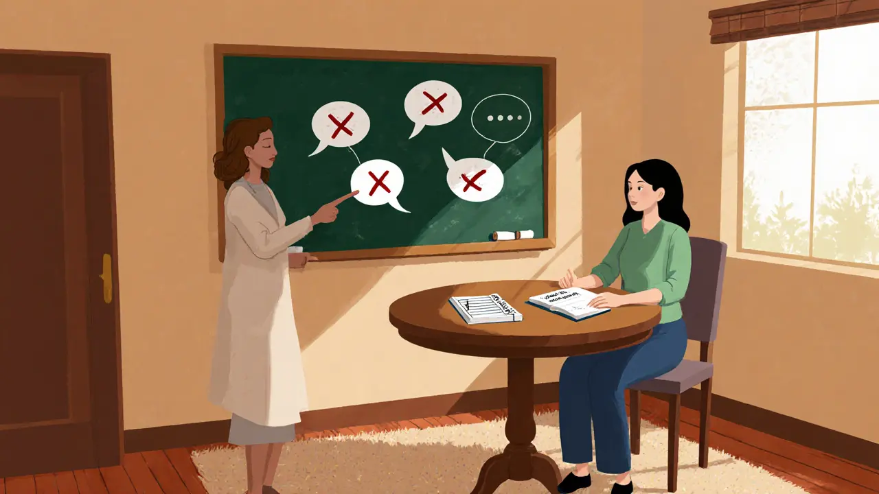 Terapie: terapeut a pacient u kulatého stolu, na tabuli jsou přeškrtnuté negativní myšlenky.