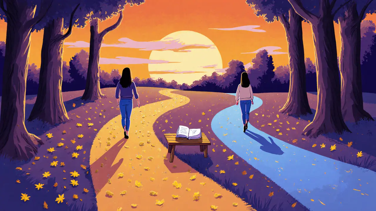 Pár odchází po rozhodnutí, každý kráčí jiným směrem pod západem slunce.