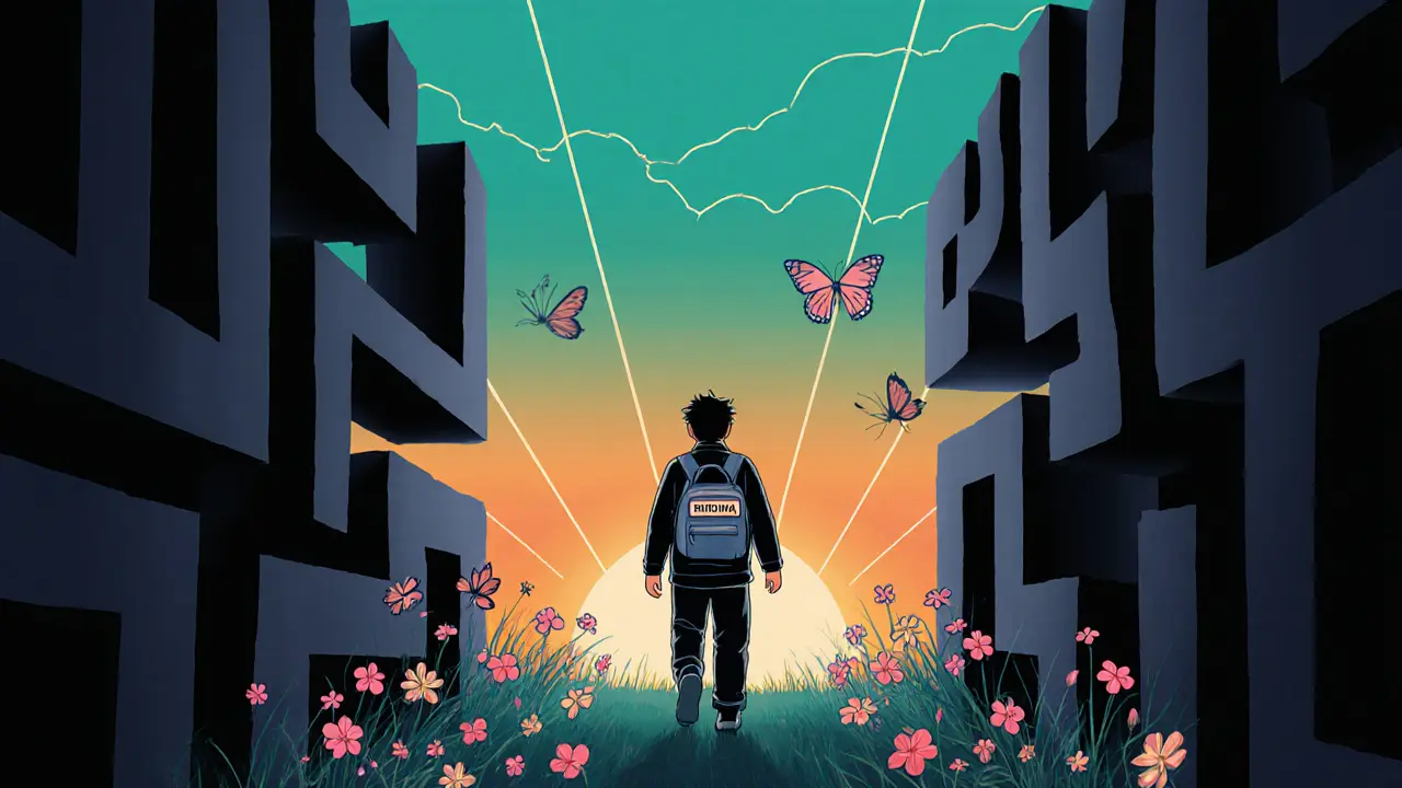 Postava opouští temný labyrint a vstupuje do slunečné louky, symbolizujíc uzdravení.