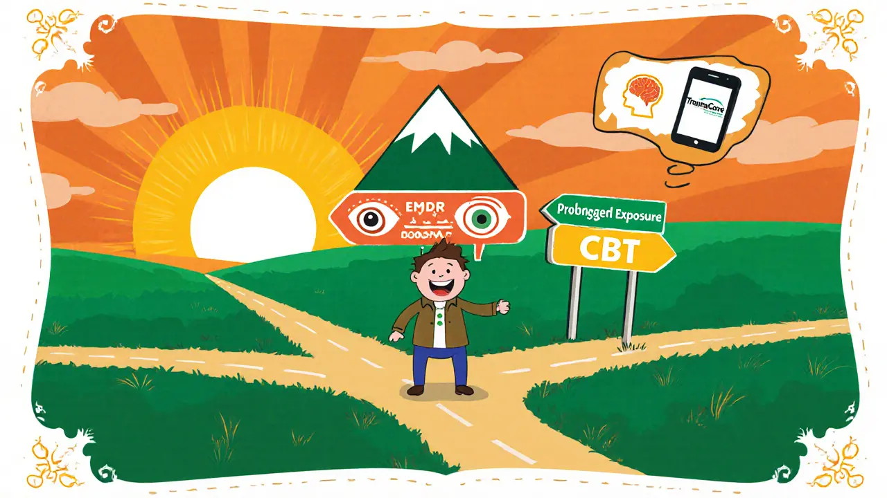 Rozcestník ukazuje tři terapie (EMDR, PE, KBT) a šťastnou postavu mířící k jasné budoucnosti, v pohádkové kresbě.