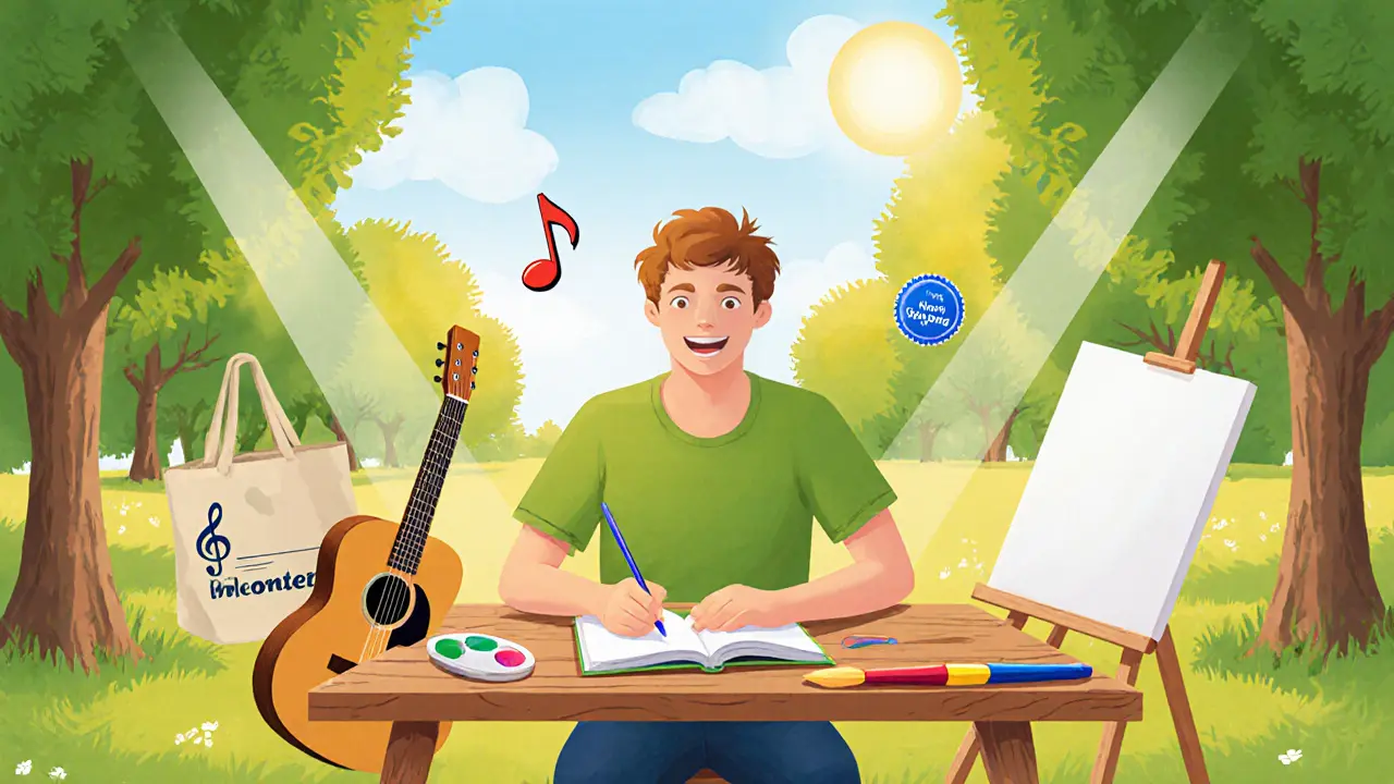 Šťastná dospělá osoba v parku píše deník, hraje na kytaru, maluje a má odznak dobrovolníka, vše v slunečném prostředí.