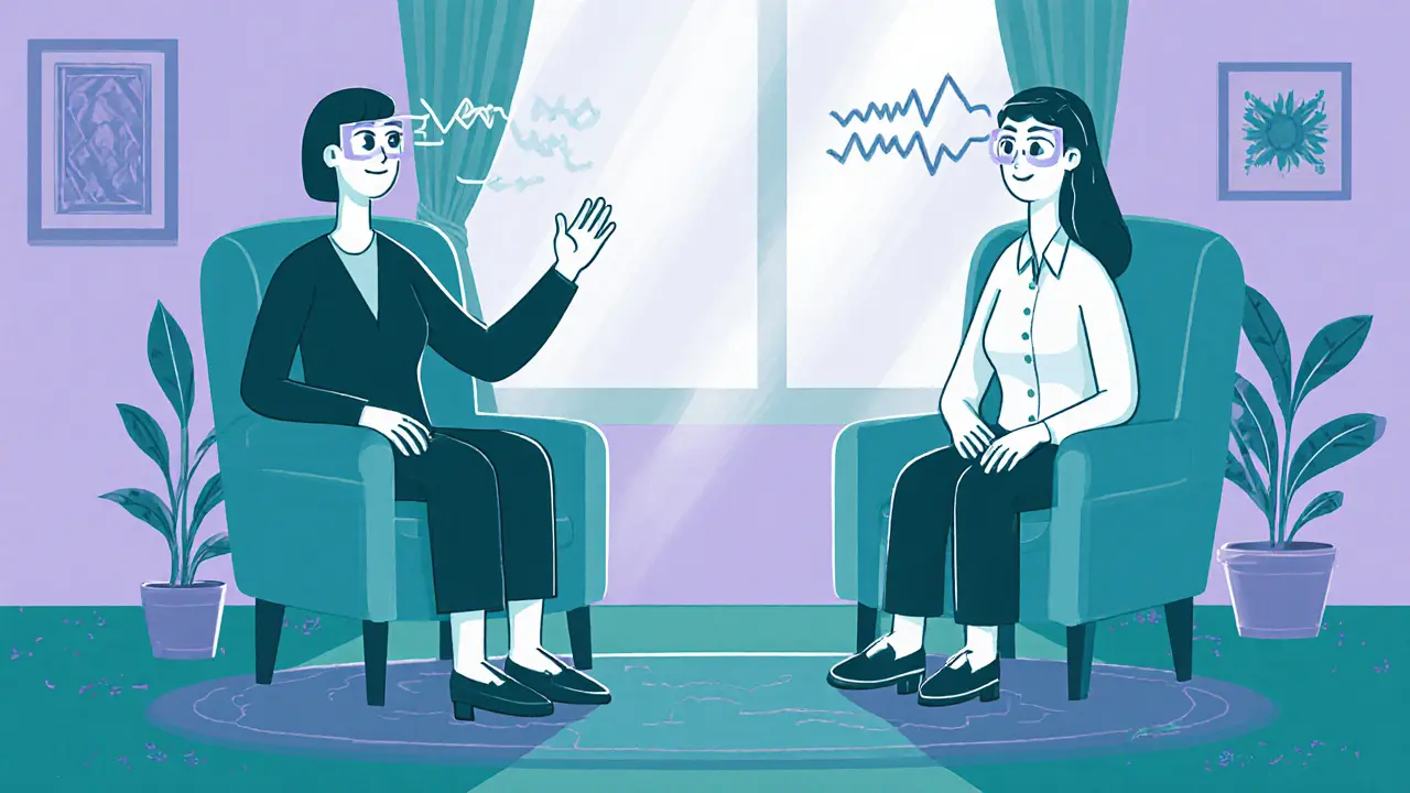 Terapeut provádí EMDR s pohybujícíma se rukama a klientem, zobrazeno v ilustraci pohádkového stylu.