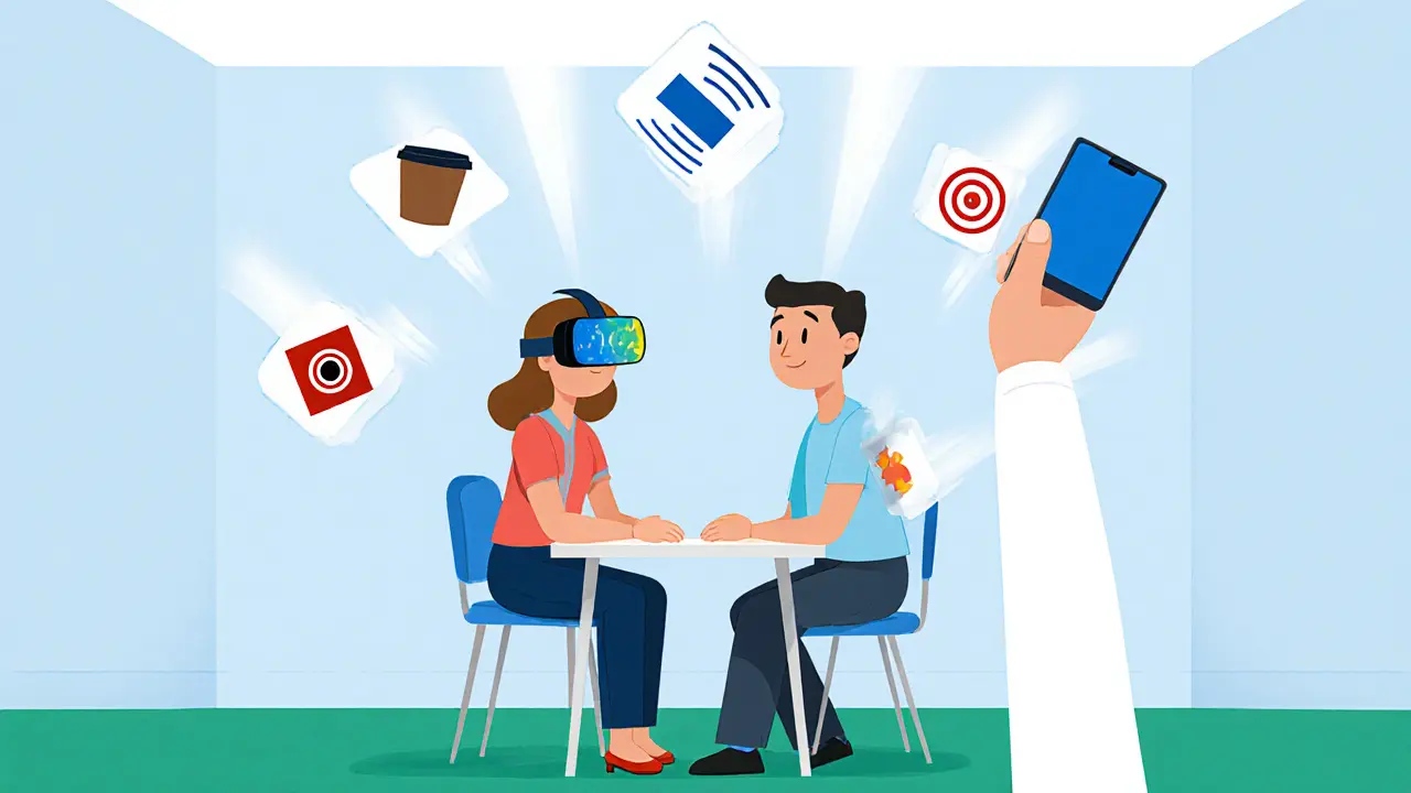 Terapeut s klientem používá VR a techniky groundingu, kolem nich plavou ikony spouštěčů.