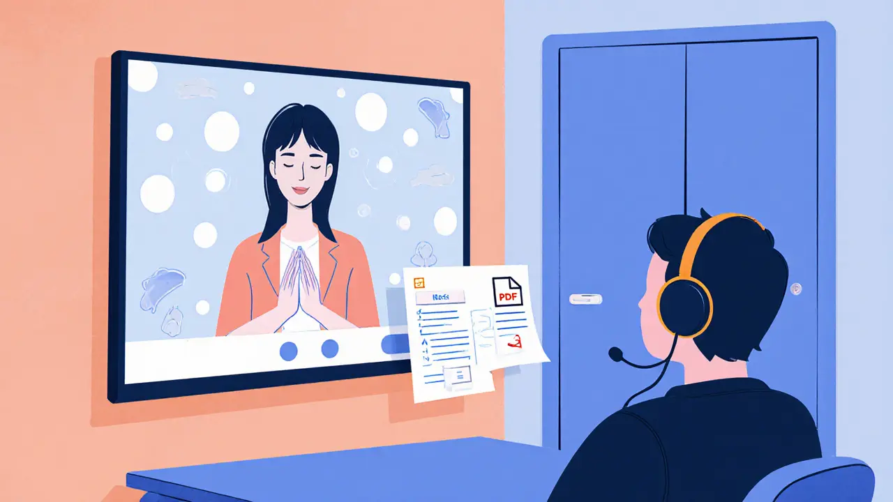 Terapeut vede dechové cvičení a sdílí materiály, klient vyplňuje dotazník.