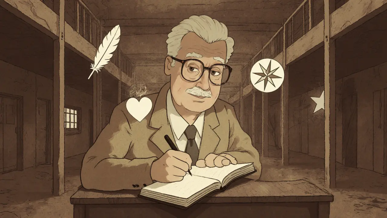 Viktor Frankl píše v záři sešitu v táborovém prostoru, nad ním plavou tři ikony: pírko, kompas srdce a hvězda.